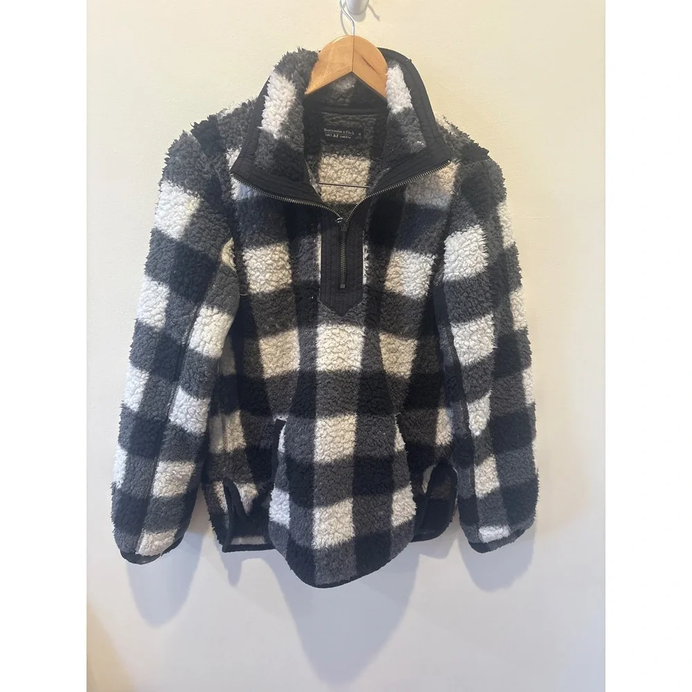 Abercrombie Fitch Soft Sherpa Plaid Quarter Zip Pullover Jacket Women Medium